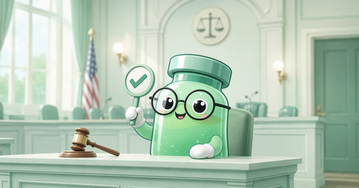Illustration of the Peptides Academy vial mascot in an FDA lab coat pointing at a whiteboard that lists BPC-157, TB-500 and KPV with green checkmarks beside their molecular structures, under an FDA logo and a scales-of-justice icon