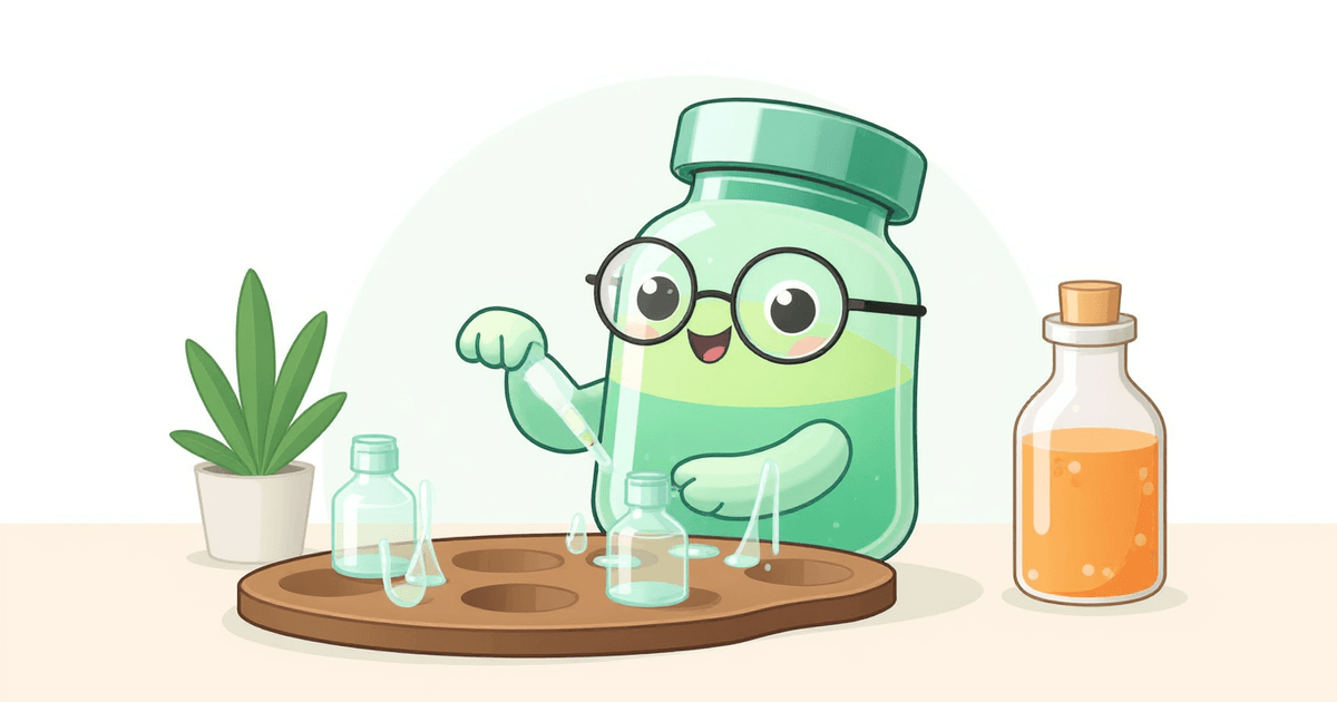 GHK-Cu skincare protocol builder, peptide vial mascot with skincare bottles on wooden tray