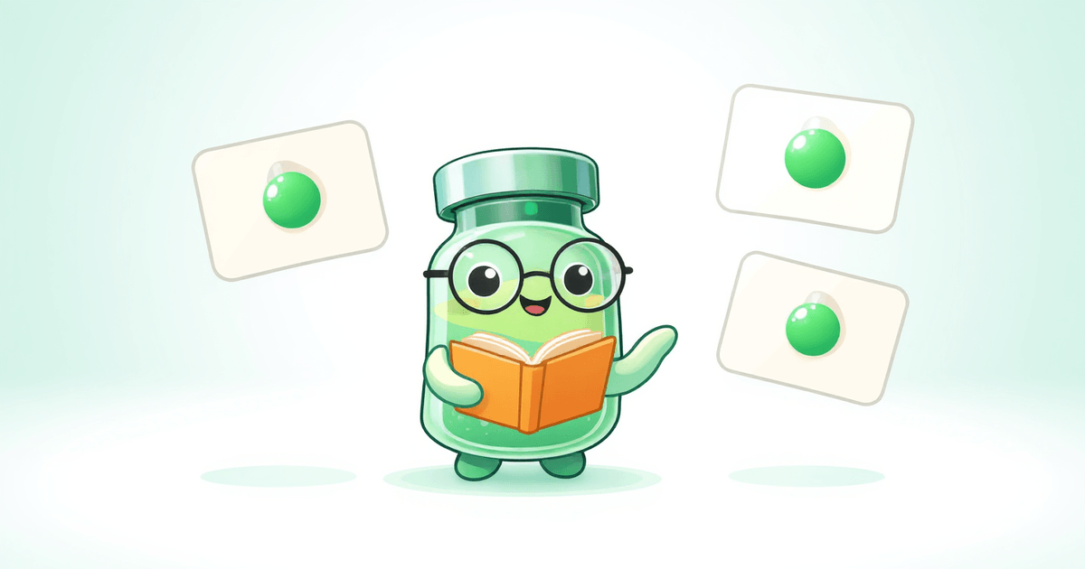 GLP-1 comparison tool, peptide vial mascot reading a book with flashcards