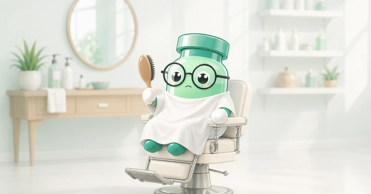 La mascota de péptidos sentada en un sillón de barbería mirando un cepillo de pelo que sostiene, con una barbería en tonos menta y salvia desenfocada al fondo