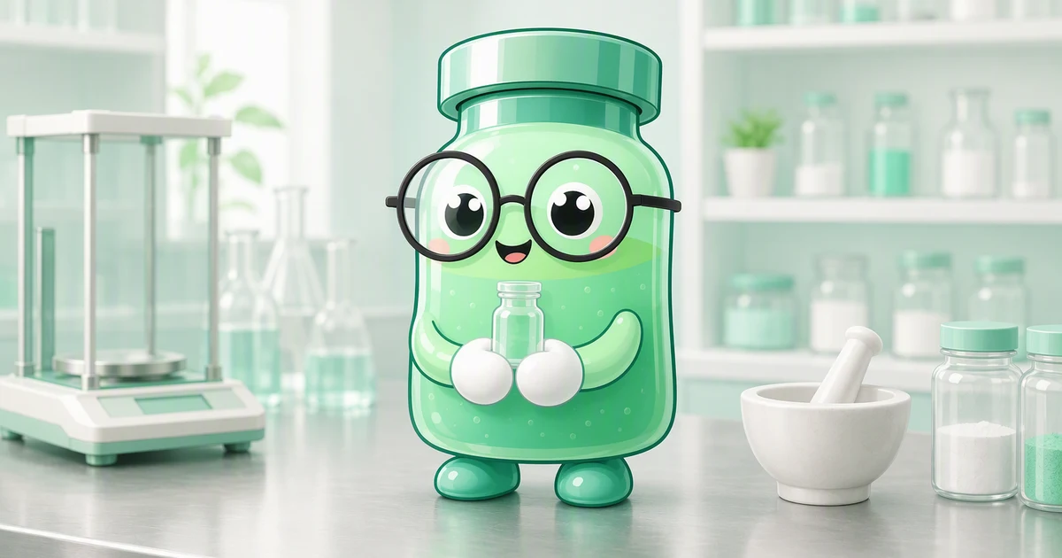 La mascota frasco de péptidos sosteniendo un pequeño vial transparente con las dos manos sobre una mesa de preparación de farmacia de acero inoxidable