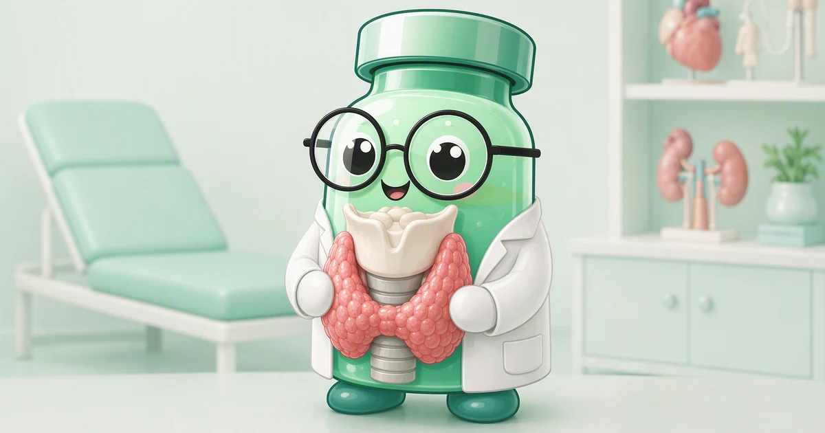 Peptide mascot in a white coat cradling an anatomical model of a thyroid gland in both hands, with a softly blurred endocrinology clinic behind him