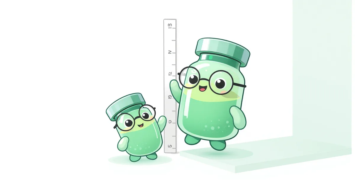 height enhancement guide -- big and small peptide vial mascots with ruler