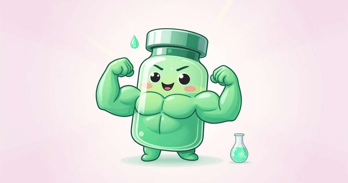 Peptides Academy mascot flexing muscular arms next to a beaker, illustrating how botulinum toxin relaxes muscle
