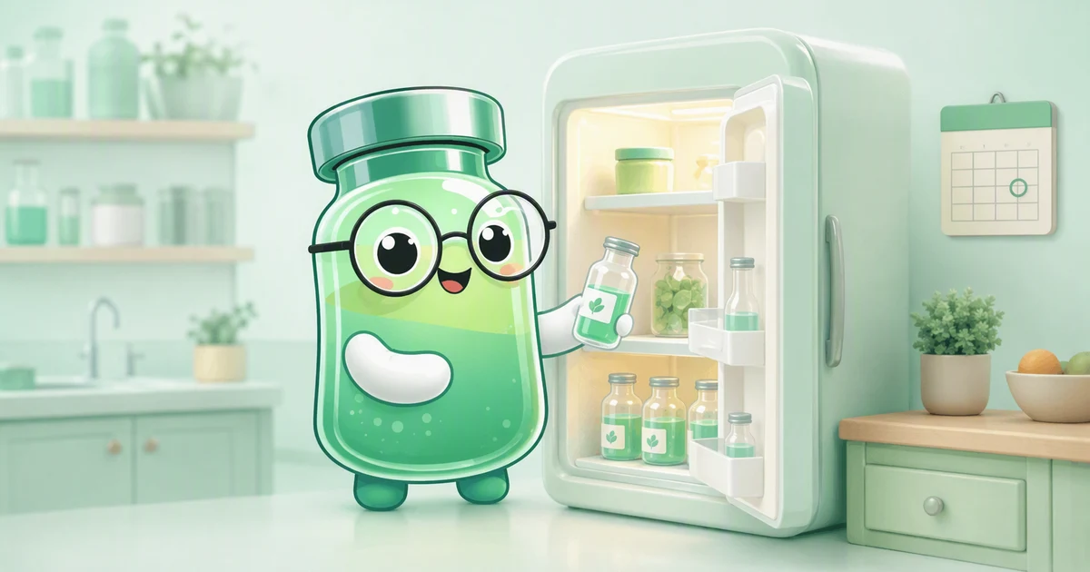 Peptide storage guide showing a vial next to a refrigerator thermometer