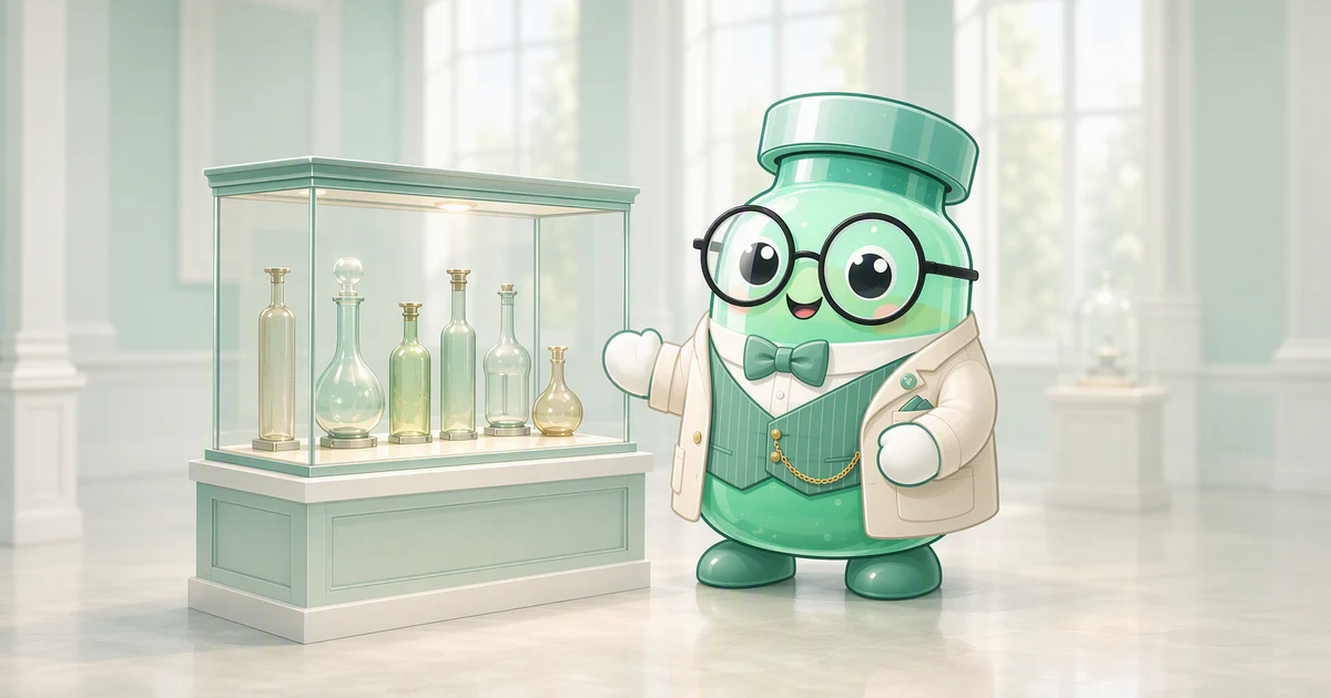 Peptide vial mascot dressed as a museum curator beside a lit display case of antique glass laboratory bottles in a bright gallery