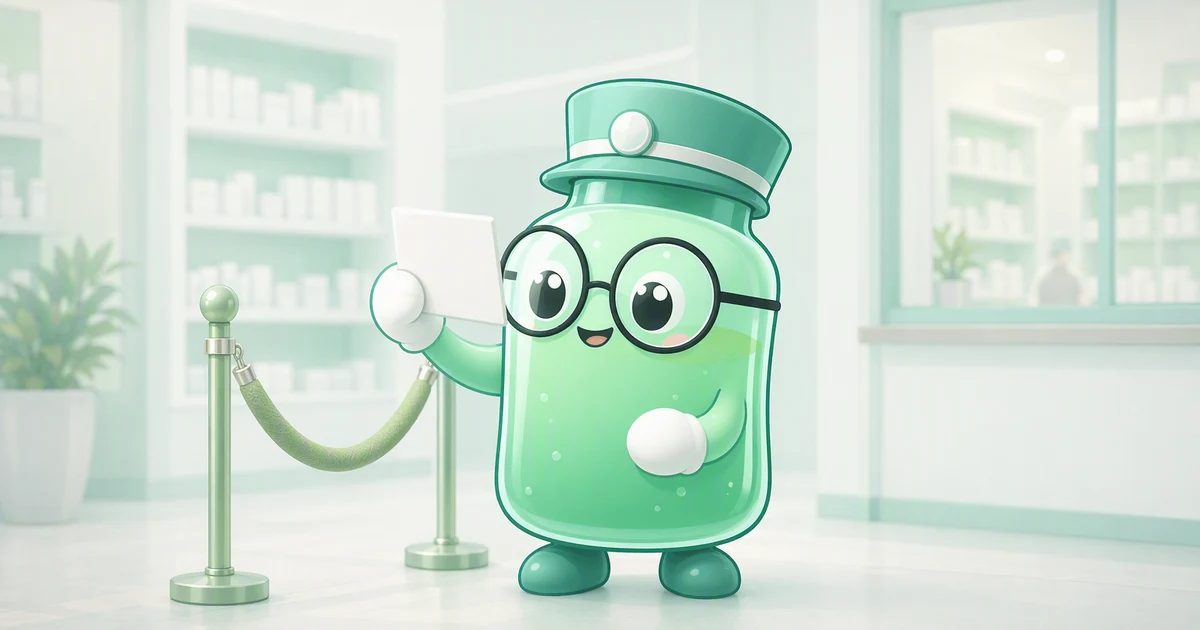 La mascota frasco de péptidos vestida de portero con gorra color menta, de pie junto a un cordón de terciopelo en la entrada de una farmacia y sosteniendo un documento de identidad en blanco, con estanterías de cajas de medicamentos blancas desenfocadas al fondo