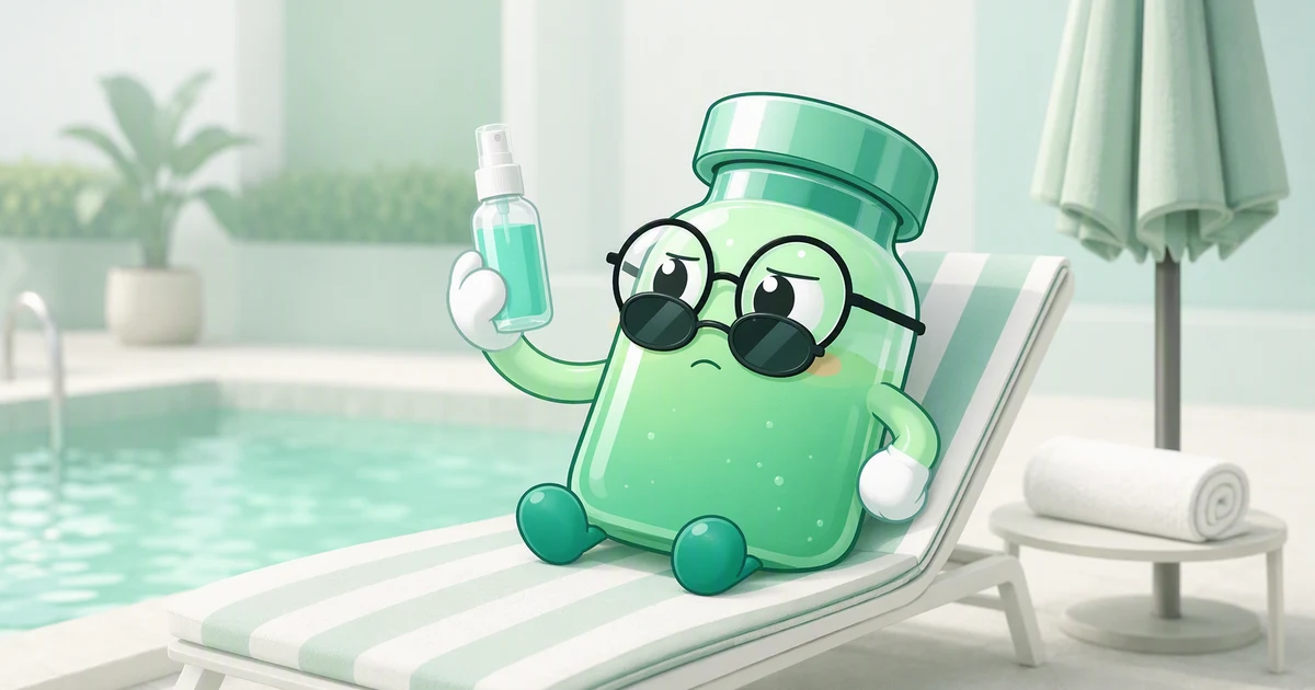 Peptide vial mascot in round sunglasses on a striped sun lounger by a bright poolside terrace, holding a small unlabelled spray bottle at arm's length and eyeing it warily