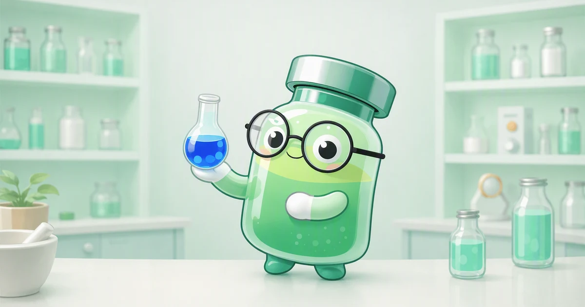 Mascota de vial de péptido con lentes redondos sosteniendo un matraz de laboratorio lleno de líquido azul brillante