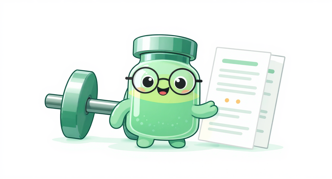 muscle building peptides evidence guide -- peptide vial mascot with dumbbells