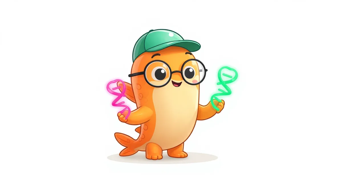 PDRN vs GHK-Cu comparison -- peptide vial mascot examining a salmon-derived DNA strand and a copper peptide ribbon on a clean studio surface