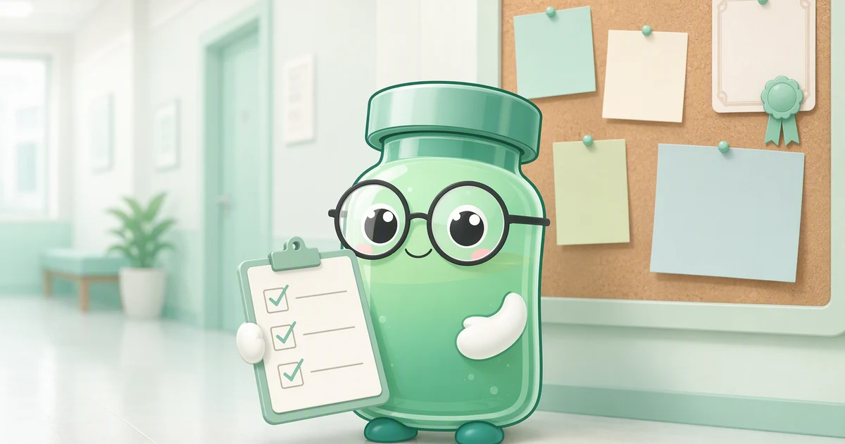 Peptide vial mascot holding a ticked checklist in front of a bulletin board of blank flyers and a certificate