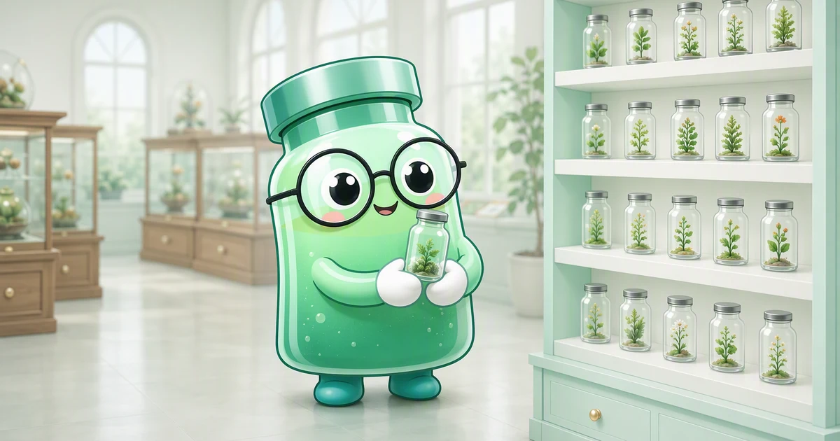 Peptide vial mascot in a museum collections hall, holding one glass specimen jar in front of a tall shelf of jars