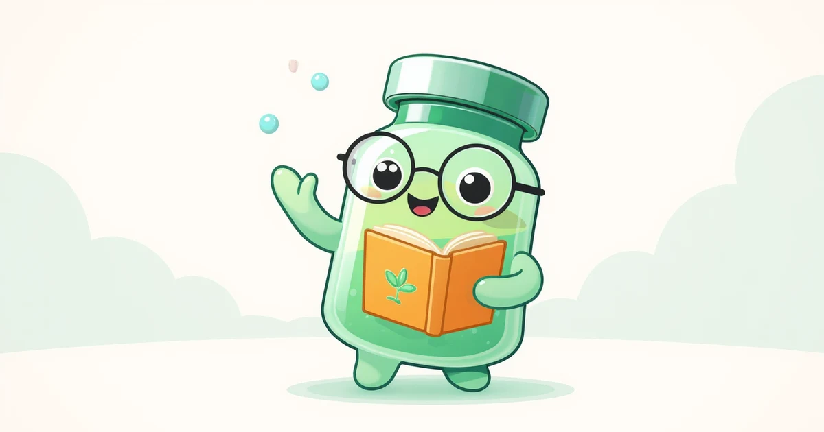peptide education for beginners -- friendly peptide vial mascot waving hello with an open beginner notebook