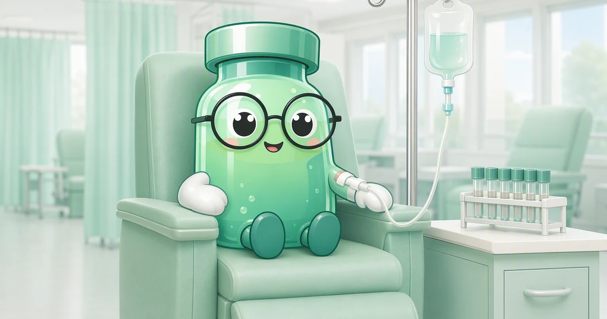 La mascota frasco de péptidos con gafas redondas sentada en un sillón clínico de color menta en una sala de infusión luminosa, con una mano de manopla sobre una vía intravenosa y una gradilla de tubos de muestra vacíos en la mesa de al lado