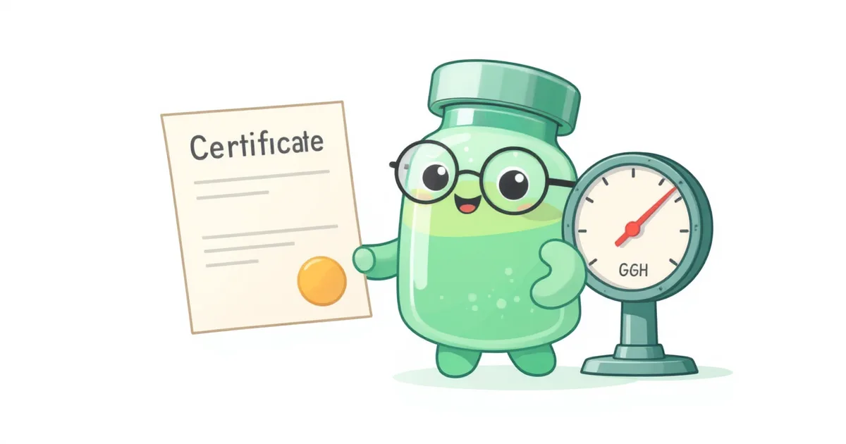 peptide safety checker -- peptide vial mascot holding certificate with CoA gauge