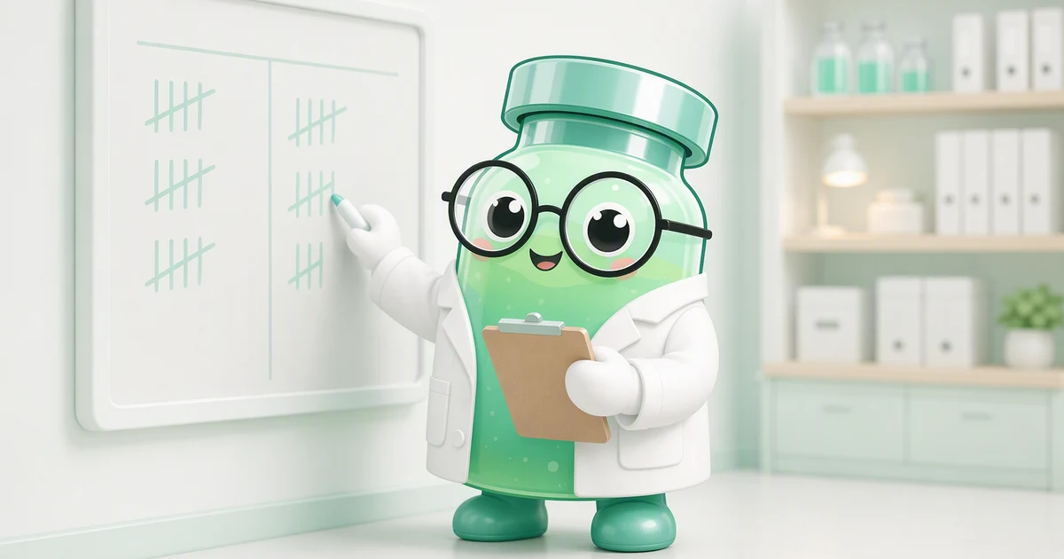 Peptide mascot in a white coat at a clipboard, tallying marks in two columns on a wall chart in a softly blurred mint and sage clinic room