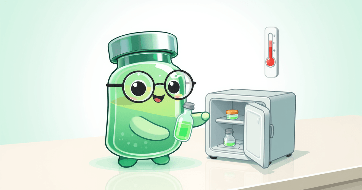 Peptide storage calculator: peptide vial mascot next to a mini-fridge with a thermometer