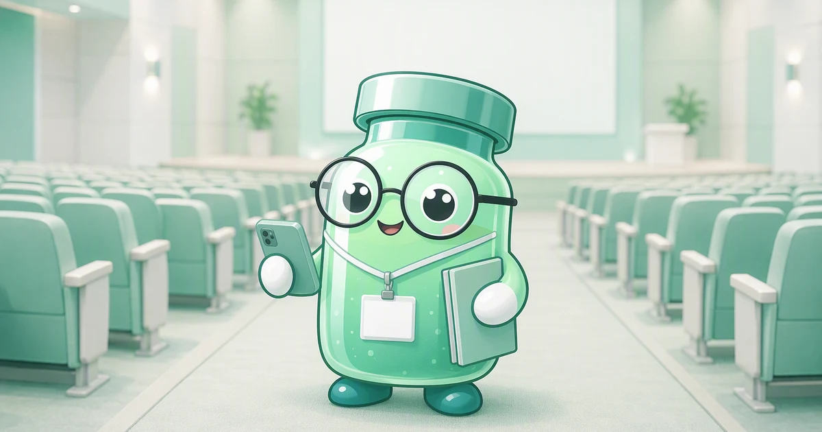 Peptide vial mascot with a blank conference badge, a phone and a notebook in the aisle of a mint lecture hall
