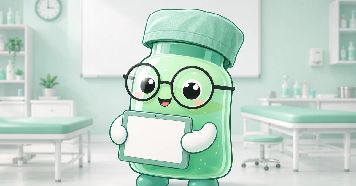 Peptide vial mascot in a scrub cap holding a blank tablet in a clinical training classroom
