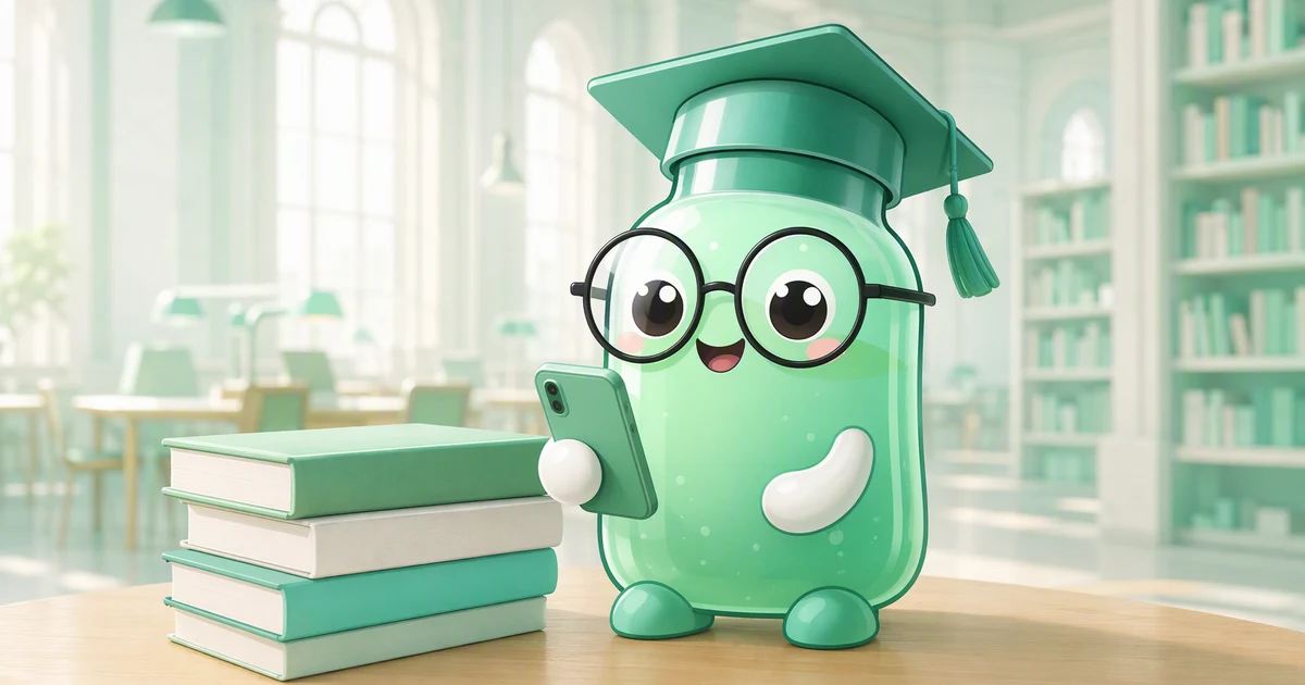 Peptide vial mascot in a graduation cap holding a phone beside a stack of books in a university library