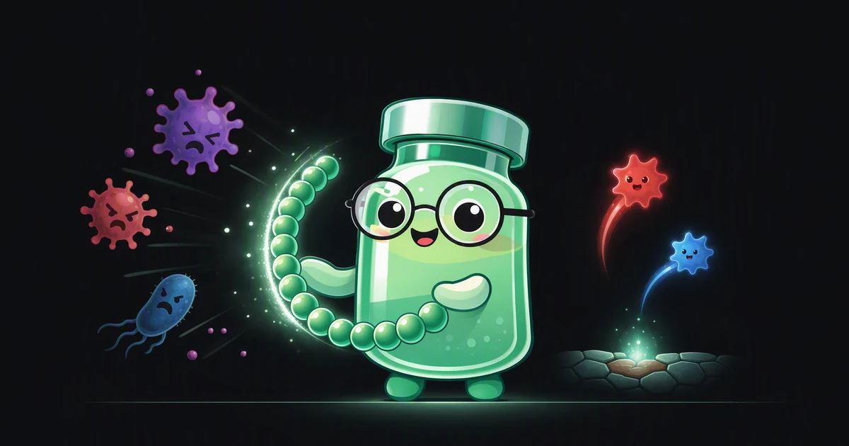 Ilustração do mascote com um frasco do peptídeo LL-37