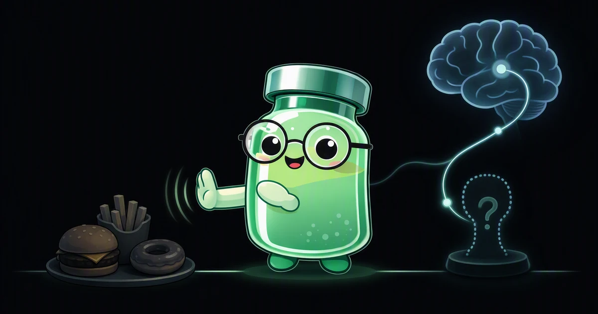 Ilustração do mascote com um frasco do peptídeo nesfatina-1