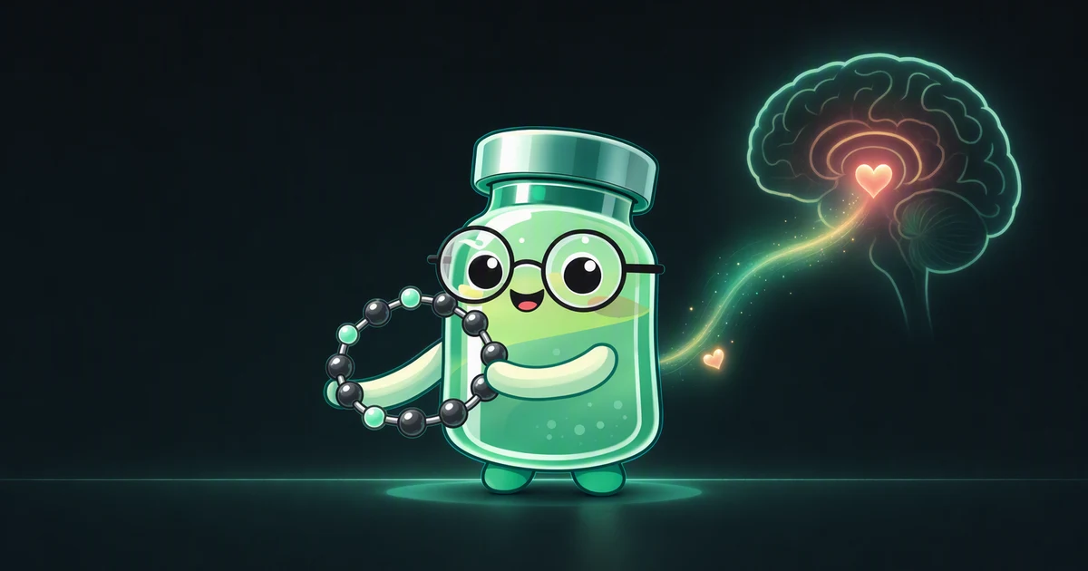 Ilustración de la mascota con un vial del péptido PT-141