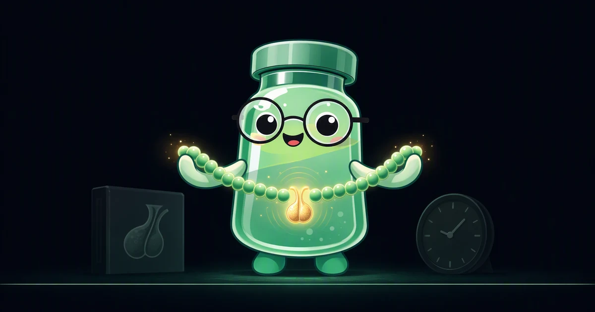 Ilustración de la mascota con un vial del péptido sermorelina