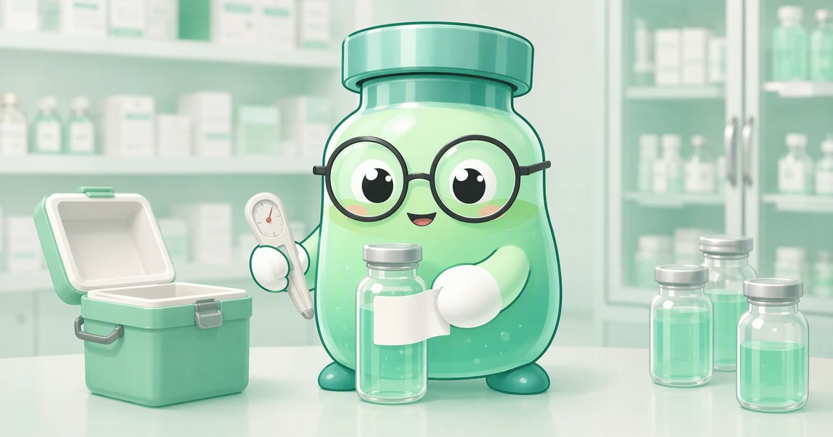 Peptide vial mascot in round glasses at a pharmacy stockroom bench, pressing a blank label onto a small vial and holding a dial thermometer beside an open insulated cooler