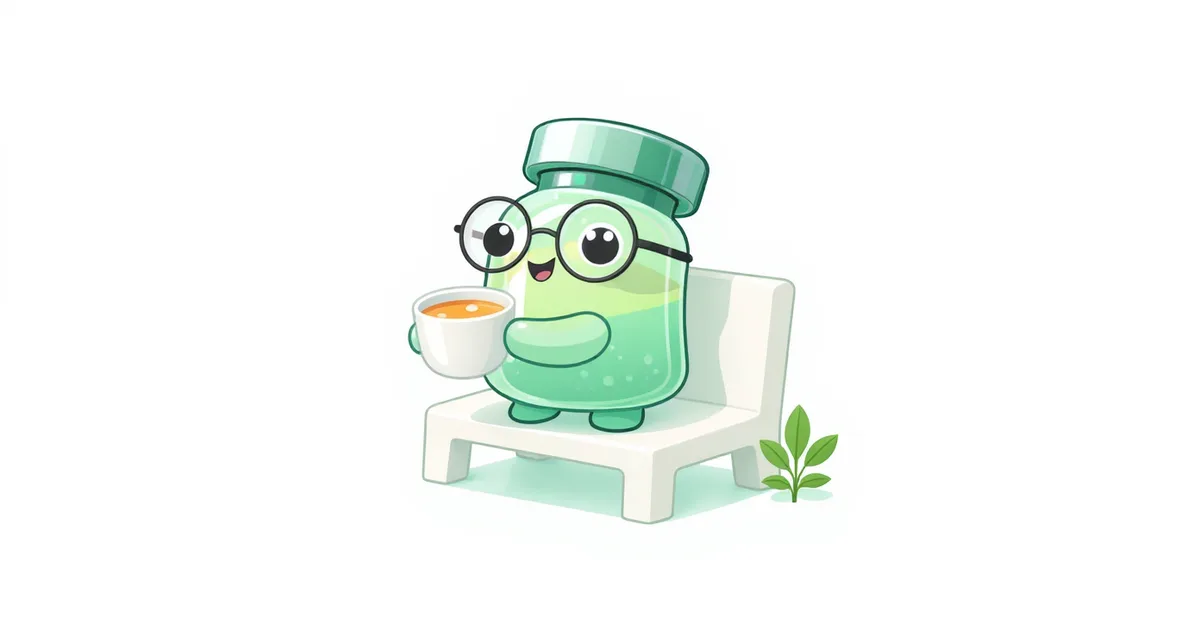 tea diuretic analyzer -- peptide vial mascot relaxing in chair with tea