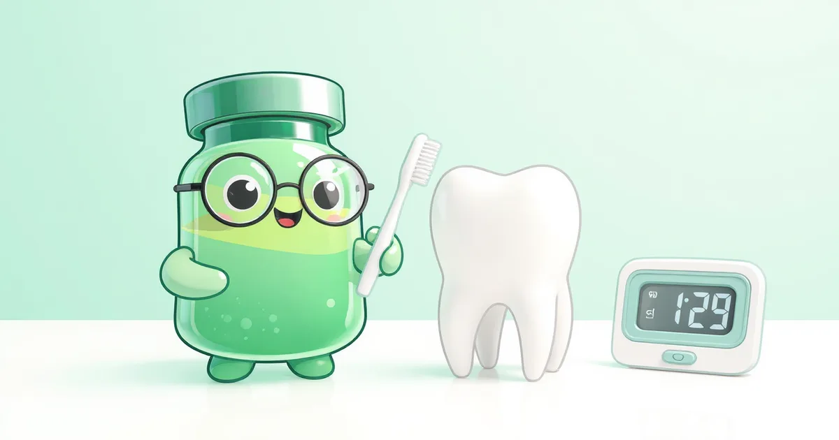 teeth whitening method planner -- peptide vial mascot with toothbrush next to giant tooth