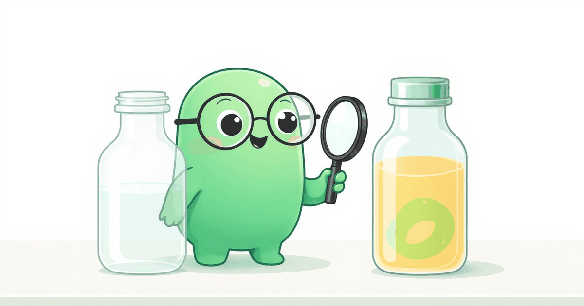 Peptide vial mascot inspecting two vials side by side, one sealed and labelled, one cloudy and unlabelled