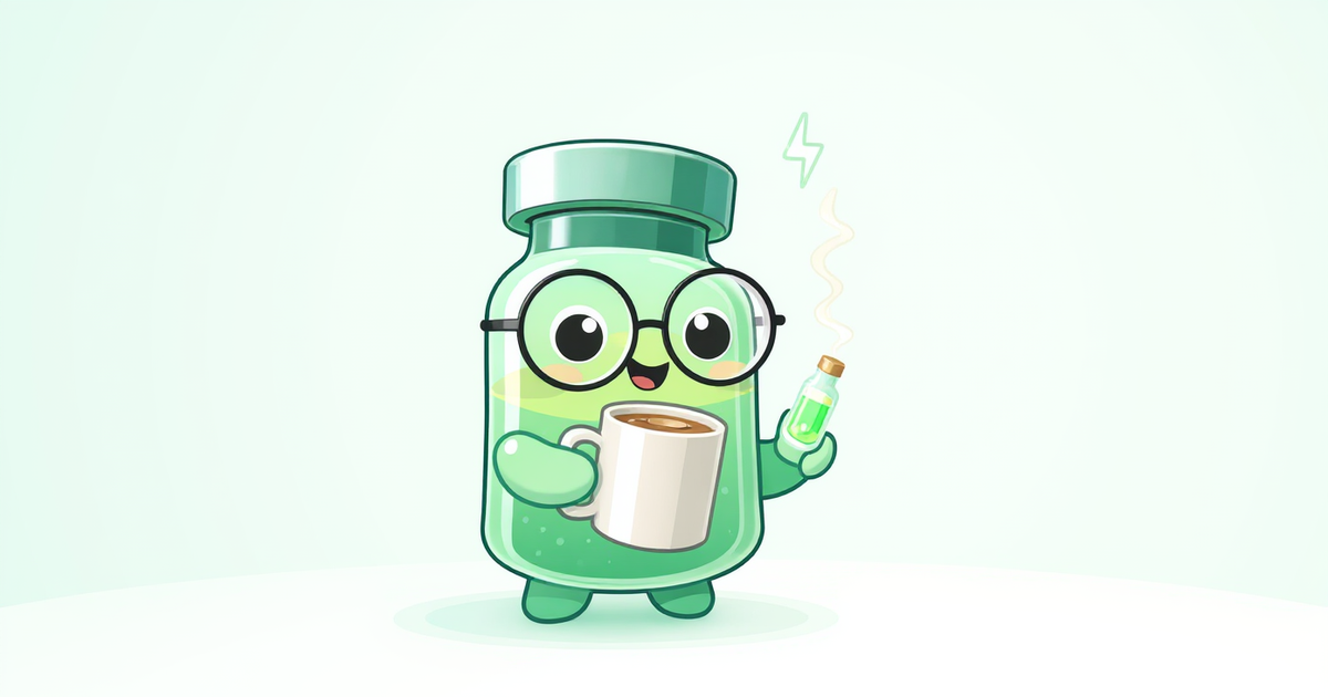 wakefulness agents and peptide alternatives guide -- peptide vial mascot holding an alert coffee mug beside molecular diagrams