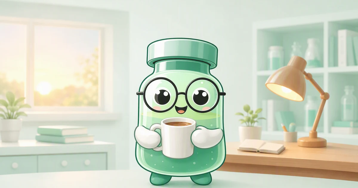 Guía de agentes de vigilia y alternativas peptídicas -- mascota vial de péptido con una taza de café alerta junto a diagramas moleculares