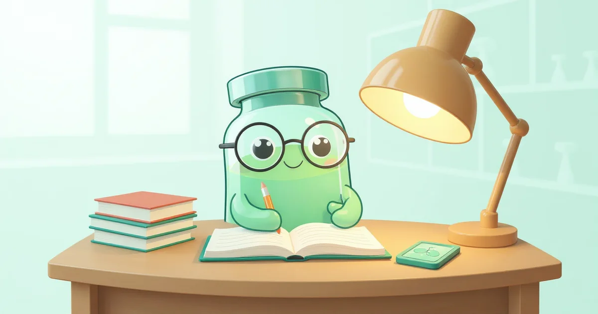 Peptide vial mascot studying at a desk with books and a notepad