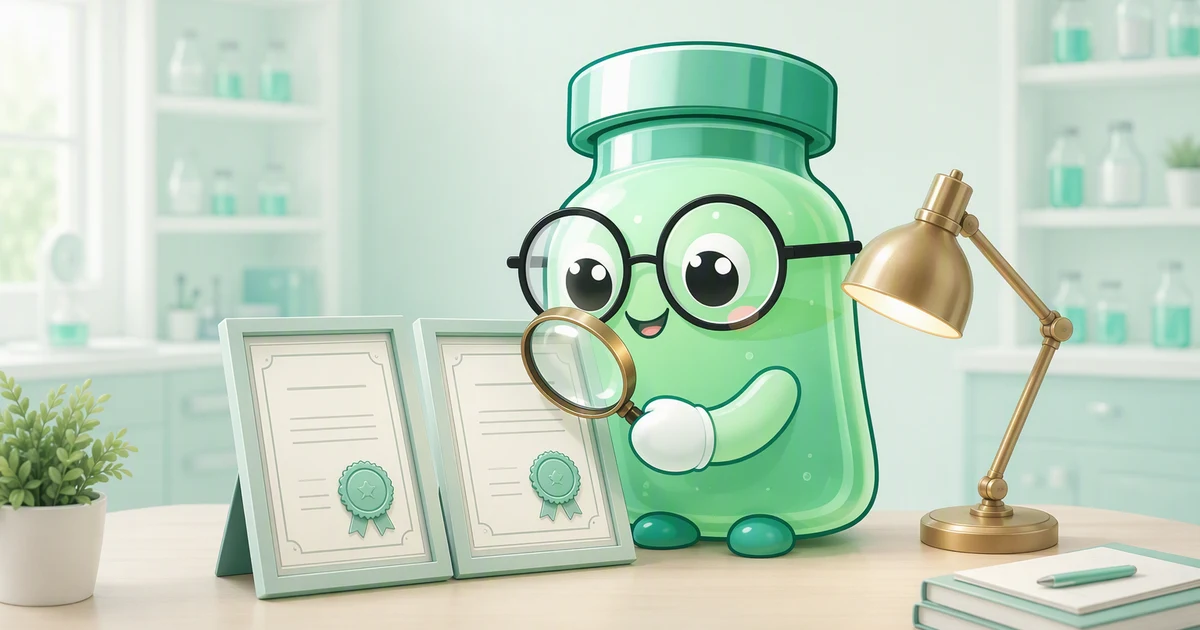 Peptide vial mascot at a desk comparing two framed certificates, holding a magnifying glass up to the seal on one of them