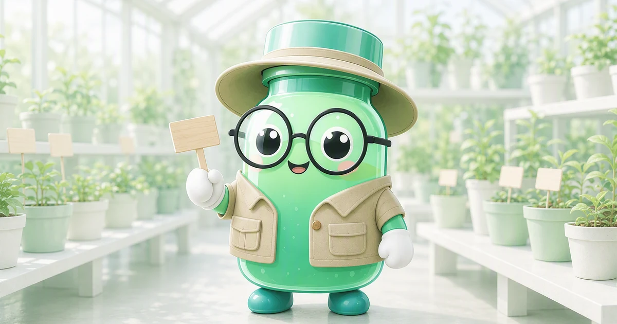 A mascote frasco de peptídeos vestida de taxonomista de plantas segura uma etiqueta de madeira em branco em uma estufa branca e luminosa cheia de mudas sem etiqueta