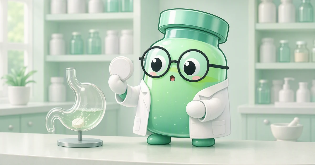La mascota frasco de péptidos con bata de laboratorio en el mostrador de una farmacia sostiene un comprimido blanco junto a un modelo de vidrio de un estómago con un comprimido disolviéndose dentro