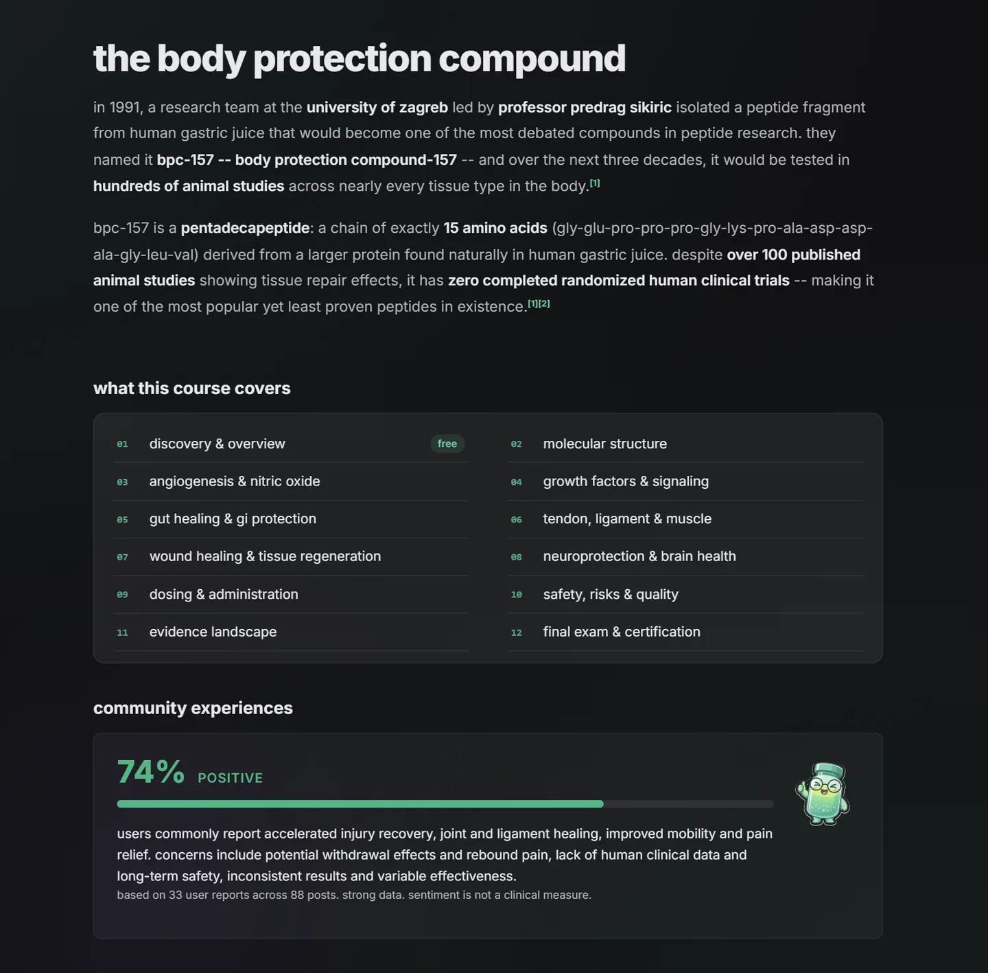 peptide deep-dive course page showing clinical data and evidence tiers