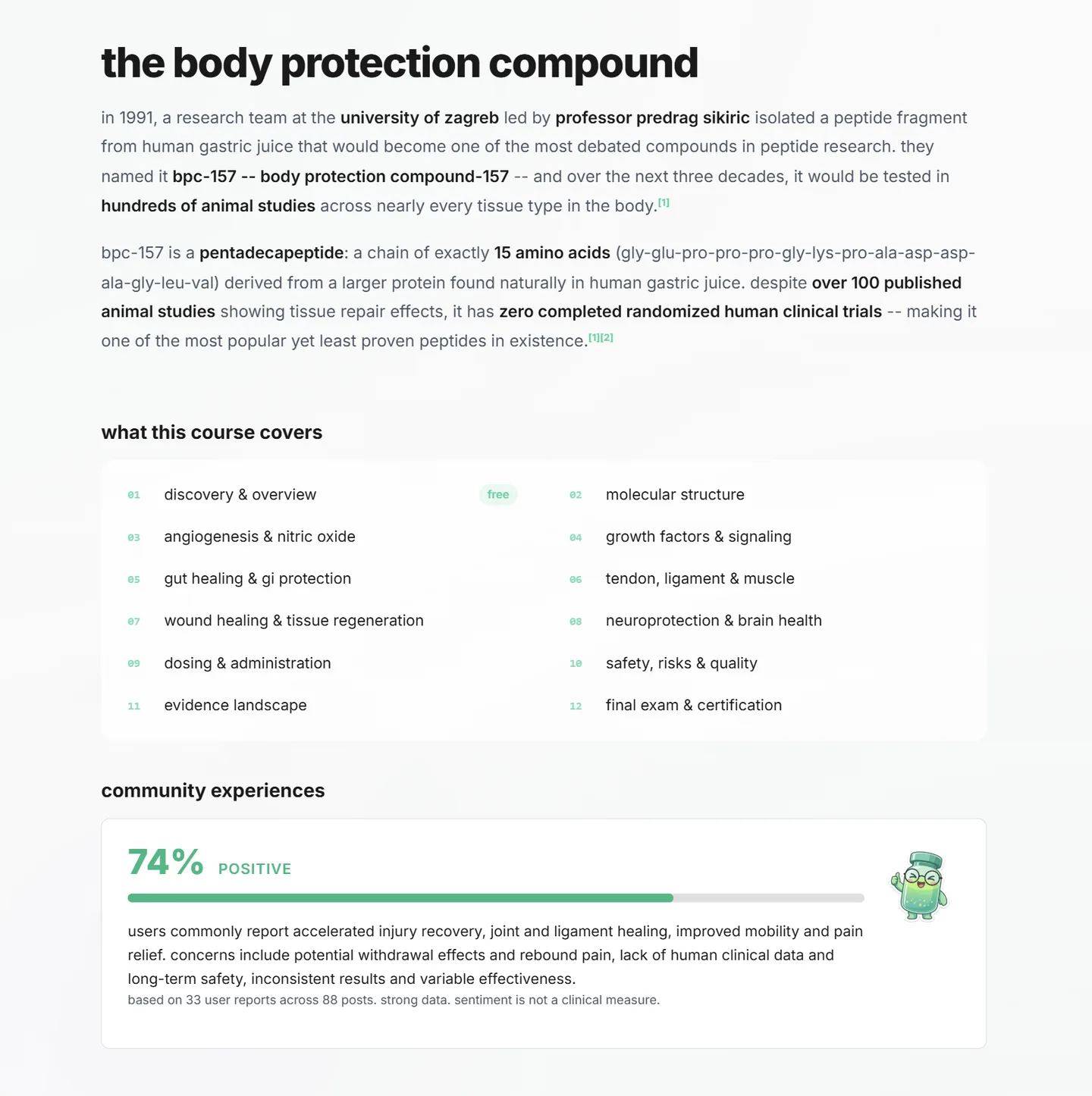 peptide deep-dive course page showing clinical data and evidence tiers
